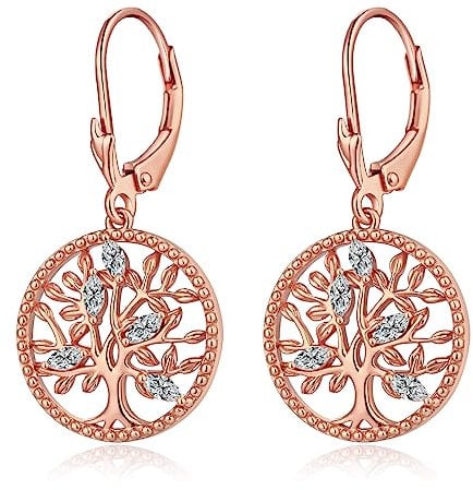 Tree of Life Earrings Rose Gold 925 Sterling Silver Tree of Life Drop Earrings Cubic Zirconia Tree Earrings