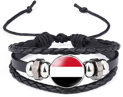 UOMSKTY Yemen Flag Adjustable Braided Bracelets - Black Leather Multilayer Woven Bangle Novelty Patriotic Jewelry, Unisex Charm Punk Jewelry Wristband Accessories Souvenir Gift,Adjustable