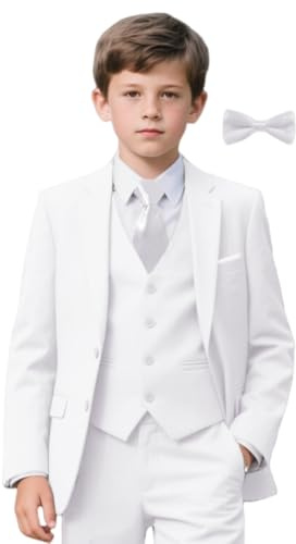 Toddler Boy 2T Suit Baptism Outfits for Baby Boys White Wedding Tuxedo Suits Set Formal Wear for Toddler Jacket Vest Pants Set and Dress Shirt Bow Tie