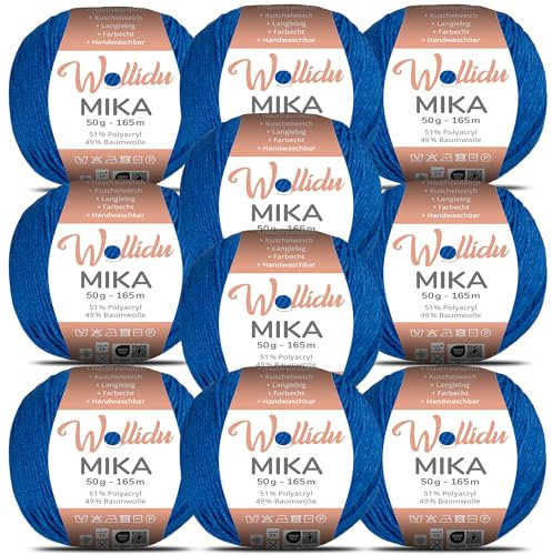 Wollidu Mika 51% Polyacryl 49% Baumwolle zum Häkeln und Stricken 10x 50g/165m Oeko-Tex Strickgarn Häkelgarn - Saphirblau