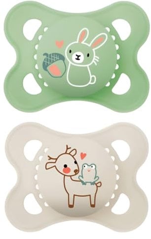 MAM Original Succhietto 2-6 Mesi (Set da 2), Ciuccio MAM 2-6 mesi con tettarella ortodontica in silicone, Kit da 2 accessori neonato con pratico porta ciuccio sterilizzatore, Verde/Neutro
