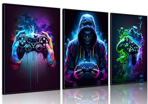 WSTUKVV 3Pcs Cool Gaming Wall Art Retro animal Game watercolor Posters Pictures Colorful Neon Canvas Painting Prints for Boys Room Kids Game Room Accessories Bedroom Home Decoration Unframed