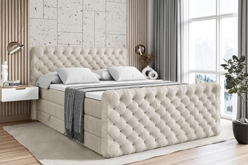 ALTDECOR Boxspringbett mit Matratze und Lattenrost, Topper, Fußteil,Polsterbett mit Bettkasten, Bett mit Stauraum H3- und H4- Matratze, Doppelbett - BOXI8-Z King - 200x200 - Beige Samt