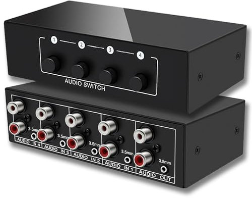 FlyroadUp 3.5mm Aux + RCA L/R Bi-Directional Stereo Audio Switch 4 in 1 Out A/B Analog Audio Switcher Selector