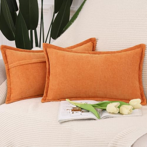 Madizz 2er Set Fransen Chenille Schlicht Zierkissenbezüge Modern Kissenbezug Kissenhülle Sofakissen Lendenkissen für Sofa Schlafzimmer Orange 30x50 cm
