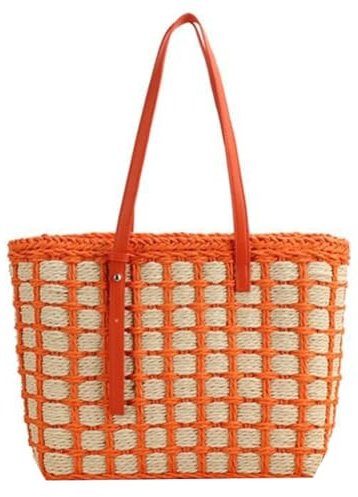 Summer Chic Casual Straw Bag Trendy Women Straw Purse Fashion Shopping Tote Bag Handmade Weaving Beach Bag 2024, Orange