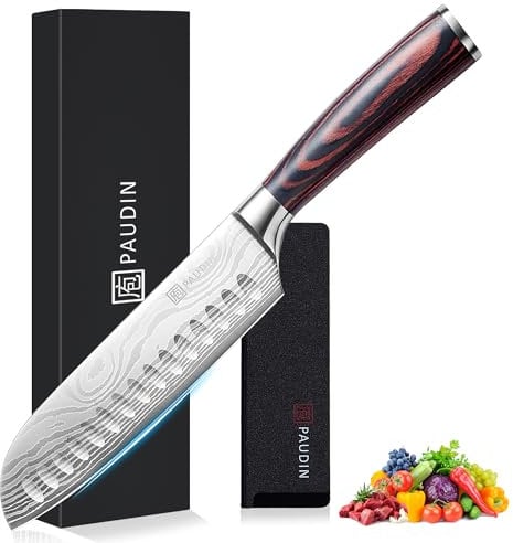PAUDIN Santoku Knife,Japanese Knife 7 inch,Chef Knife Professinal,Kitchen Knife, High Carbon Stainless Steel Kitchen Knife, Vegetable Meat Cooking, Ergonomic Handle, for Home, Restaurant