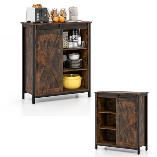 KOMFOTTEU Aparador de Cocina, Mueble Buffet con Puerta Corredera de Granero, Armario de Comedor con 6 Compartimentos y Estantes Ajustables de 3 Niveles, Mueble Industrial, 70 x 30 x 81 cm