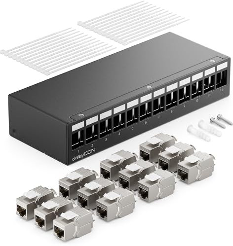 deleyCON 12 Port CAT7 Patchpanel Set mit 12x CAT.7 RJ45 Keystone Jack Modul STP 10 Gbit/s - Verteilerfeld Kompatibel mit Verlegekabel CAT6 CAT6a CAT7 CAT8 Ethernet LAN DSL Netzwerkkabel - Schwarz