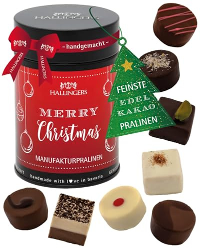 Hallingers Genuss Manufaktur Pralinen Weihnachts-Geschenk - ohne Alkohol, handmade aus Confiserie-Edelkakao in wertiger Geschenkdose Merry Christmas, Weihnachten für Frauen Männer
