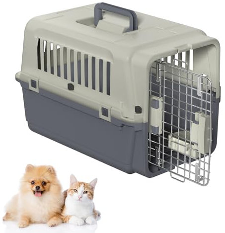 Froadp Transportbox für Haustiere Hund Katze Hundebox aus PP Kunststoff 60×39.5×44cm Katzentransportbox Hundetransportbox mit Urinabstandshalter & Hängende Fressnäpfe Katzenbox
