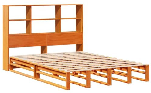 vidaXL Massivholzbett, Bett mit Bücherregal ohne Matratze, Holzbett Bettgestell mit Lattenrost, Palettenbett Doppelbett für Schlafzimmer, Wachsbraun 120x200cm
