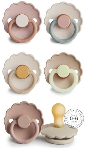 FRIGG Multipack Latex-Schnuller | 6'er Packung | Naturgummi/Naturkautschuk | Hergestellt in Dänemark | Symmetrischer Sauger in Kirschform | (Blossom Blend, Größe 1 (0-6 Monate))