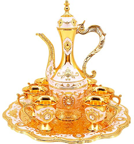Juego de cafetera y taza turca vintage, juego de tetera que incluye tetera, 6 tazas de metal y bandeja de té para decoración de mesa de té, petaca, regalo de boda (dorado y azul) (rosa)