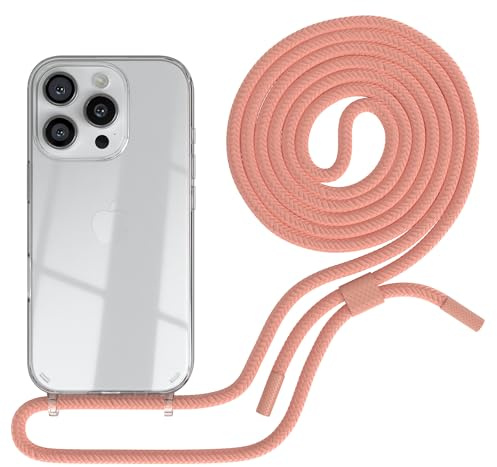 EAZY CASE - Handykette kompatibel mit iPhone 16 Pro - dünne Handyhülle für iPhone 16 Pro Hülle mit Band als Fallschutz Kette zum Umhängen transparente Hülle Silikon in Korall