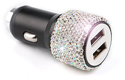 JNNJ Diamante Car Hammer Dual USB Charger, Diamond Car Charger Dual USB, Cigarette Lighter USB Charger Rhinestones Crystal, Automotive Decorative Accessories for Fast Charging(Coloured Diamond)