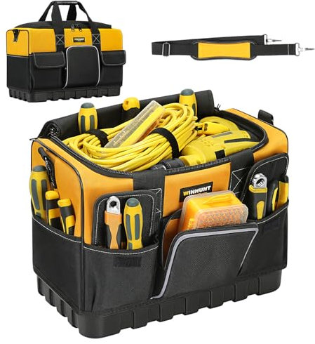 WINHUNT Borsa porta attrezzi a bocca aperta, resistente, organizer per attrezzi da elettricista, con base rigida impermeabile, giallo/nero, 40,6 cm