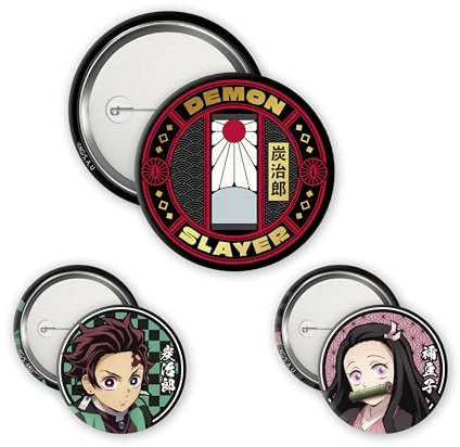 ABYstyle - Demon Slayer Set Badges Tanjiro & Nezuko S2, Dimensions : 1 badge de 5 cm, 2 badges de 3,2 cm, Metall