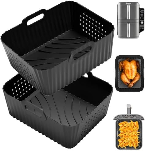 HAUXEL Silicone Air Fryer Liners for Ninja Double Stack Air Fryer XL SL400UK 9.5L, Compatible with COSORI Dual Air Fryer 8.5L, 2pcs Reusable Air Fryer Accessories, Black