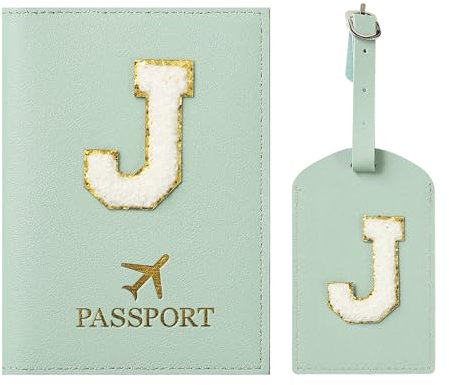 ZVRSUA Porta Passaporto Verde ed Etichette per Valigie Cover,Passaporto con Lettere, Pelle PU,Porta Passaporto da Viaggio Donne, Regalo Donna,Uomo,Adolescenti, Ragazze (Verde J)