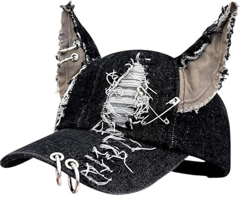 Csafyrt Cat Ohrhut, schwarz zerrissener Y2k -Hut mit Metal Hoop Punk Grunge Ästhetische Baseballkappe Sonnenschutz stilvoll eins Größe passt zu den meisten schwarzen Baseballkappen für Frauen, Männer