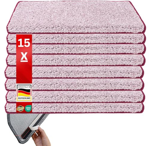 Floordirekt Shaggy-Stufenmatten Barcelona - 15er Set - Treppenmatten in 16 Farben, Strapazierfähig & pflegeleicht, Stufenteppich für Innen (Rosé, Rechteckig 65 x 23,5 cm)