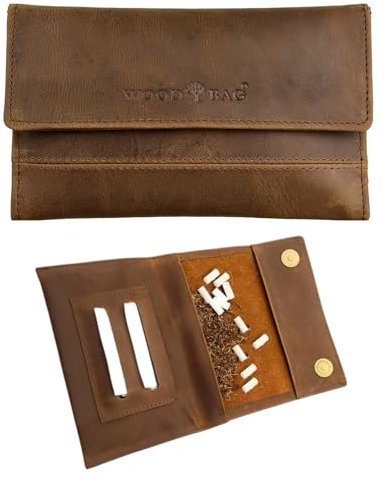 Hochwertige Tabaktasche für 30-50g aus echtem Rindleder, Tabakbeutel, Echtleder Dreher-Tasche inkl. Filterfach und Plättchen-Halter - Braun