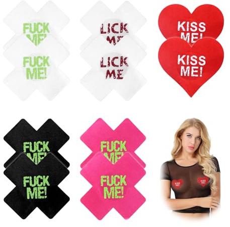 Hauojaus 5 Paar ​Nippelpads Sexy Set Nippel Aufkleber mit Leuchtendem Herz/Kreuz Design, ​Nippel Tape Aus ​Seidenstoff 7.6x7cm/3x2.8inch für Verlockende Dessous Und BH-Lose Outfits