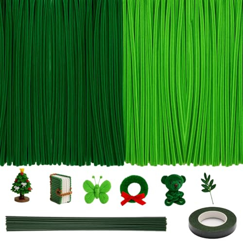 200 Stück Pfeifenreiniger Grün, Chenilledraht Pfeifenputzer zum Basteln 30CM Lang Pipe Cleaner mit Band und Blumenstäbe für DIY Handwerksprojekte Dekorationen