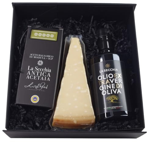 La Secchia – Handgemachter Feinschmecker-Korb, Natives Olivenöl extra, Aceto Balsamico di Modena g.g.A., Parmigiano Reggiano, Gourmet-Set mit typischen italienischen Spezialitäten, Geschenktasche inkl