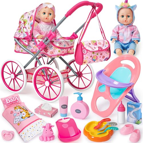 vamei Kit Accessoire Bebe pour Poupon, Accessoires Poupon avec Poupee & Poussette de Poupee & Chaise Haute & Sac & Vêtements, Jouet Jeu de Rôle Anniversaire Cadeau Fille Enfant 2 3 4 5 6 Ans