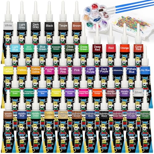 Roizefar Pittura Tessuti, 48 Colori x 10ml, Kit Tutto-in-Uno | Con Pennelli e Tavolozza, Vernice Permanente per Abbigliamento, Scarpe, Borse, Magliette, Tela, Fai da Te, Lavabile