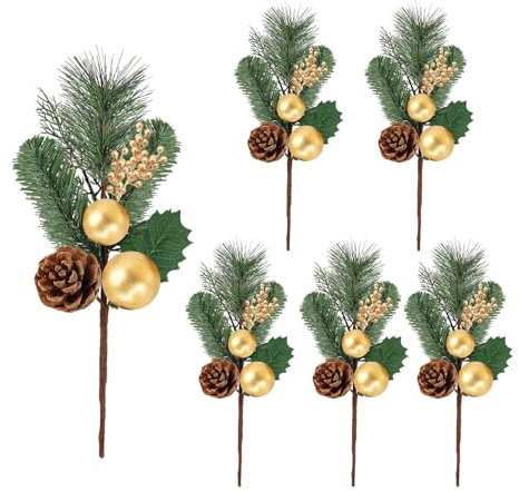 6 Pcs Artificial Christmas Picks, 12.2 IN Gold Christmas Berries Decorations, Pine Cone Green Poinsettia Leaf, Artificial Berry Branches Stems Decoration for Vase Filler Wreath Decor
