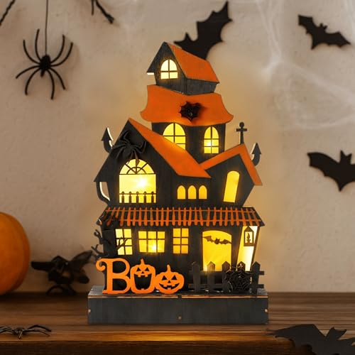 Halloween Holz LED Kürbis Deko, Leuchtende Haus Ornament mit Licht, Halloween Deko Kürbis Beleuchtung, Tischdeko Schild Herbst Für Innen, Herbstdeko Lampe Für Party Halloween Dekoration Innen (A)