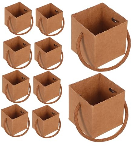 WEKAMOS 50pcs Kraft Paper Floral Bags with Handle Flower Tote Boxes for Succulent Pot Wraps Plant Packaging for Mini Bouquets and Presents