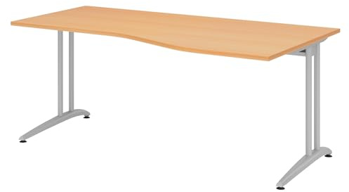 bümö Schreibtisch groß, B-Serie 180x100 cm, Tischplatte aus Holz in Buche, Gestell aus Metall in Silber - PC Tisch, großer Computertisch für's Büro, Office Bürotisch