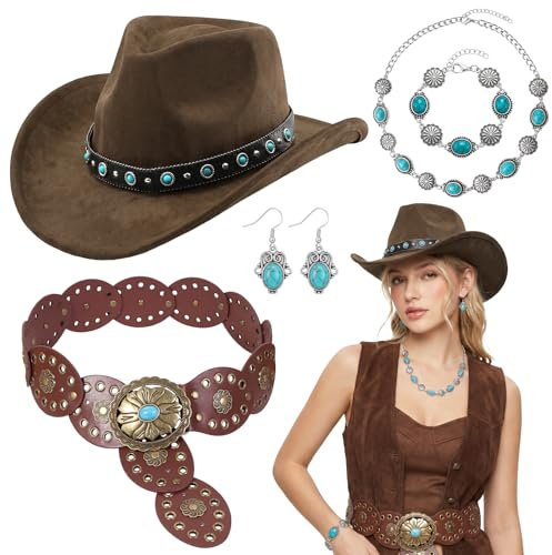 Saier tbo 5Pcs Western Cowgirl Accessoire Set Damen, Cowboyhut mit Türkis Hutband Vintage Kunstleder Gürtel Boho Türkis Halskette Armband Ohrringe Western Kostüm Zubehör für Halloween Party Karneval