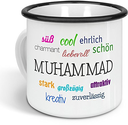 printplanet - Emaille-Tasse mit Namen Muhammad - Metallbecher mit Design Positive Eigenschaften - Nostalgie-Becher, Camping-Tasse, Blechtasse, Farbe Schwarz, 300ml