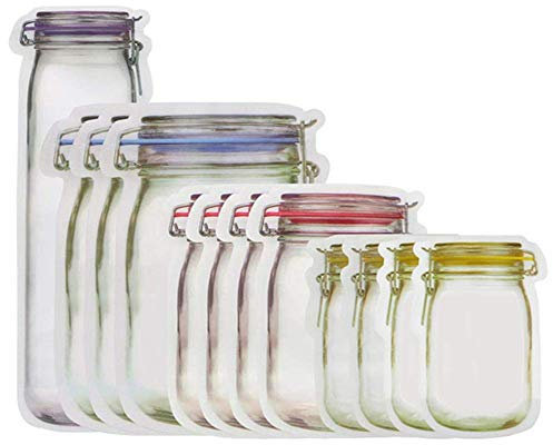 Mason Jar Bottles Bags, Reusable Food Saver Storage Bags Snacks Zipper Sealed Bags Fresh Bags (12PCS)