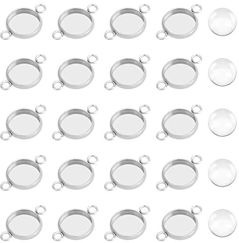 UNICRAFTALE 100 Sets 10mm Lünette Anhänger Edelstahl Cabochon Verbindungs Anhänger Flach Rund Cabochons Rohlinge Lünette Tabletts Mit Glas Cabochon Für Armbänder Halsketten Schmuckherstellung