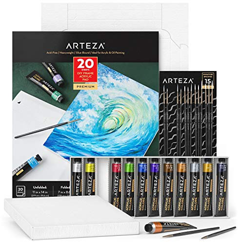 Arteza Acrylfarben Metallic Set, 12 Farben Acrylfarbe, 15 Detailpinsel und 17.78 x 21.84 cm faltbarer Leinwandblock, Acryl Malset für Erwachsene und Kinder