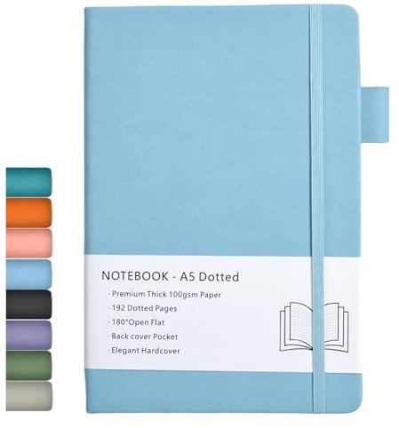 Dotted Notizbuch A5, Hardcover Dotted Journal mit Premium 100 GSM Dickes Papier, 192 Seiten, Innentasche, Elastisch Gebändert, Kunstledereinband, 14,5x21,3 cm (Blau)