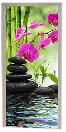 A.Monamour Türtapete Selbstklebend Türfolie Türposter 3D Grüner Bambus Rosa Orchideen Blume Schwarzer Spa Steine Wasser Zen Vinyl Folie Türdeko Tapete Wandbild Türaufkleber Türtattoo 77 x 200 cm
