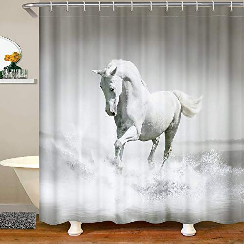 3D Pferdestoff Duschvorhang 180x200 Galoppierende Pferde Wasserdichtes Duschvorhang Textil Weiß Wilde Tier Muster Mit Haken Tierwelt Farmhouse