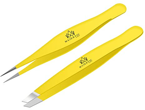 Majestic Bombay Juego de acero inoxidable con punta inclinada + pinza quirúrgica para cabello encarnado. Pinzas puntiagudas de precisión con punta de aguja afilada para quitar astillas (amarillo)