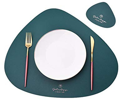 4er Set/6er Set Platzsets und Untersetzer Dreieck Oval Leder Tischset Wassertropfen Abwischbar Tischmatte Wasserdicht ölbeständig Rutschfestes Hitzebeständiges Platzsets (Dunkelgrün,6er)