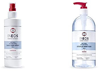 Hospital Grade Sanitiser Spray for Surfaces (250 ml) by INEOS Hygienics & Hospital Grade Hand Sanitiser (500ml) by INEOS Hygienics. Made with 75% Pharma Grade Alcohol