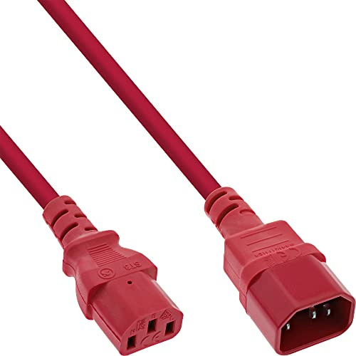 InLine Kaltgeräteverlängerung C13 auf C14, rot, 2 m | 3-polige H05VV-F PVC-Leitung, 3 x 0,75 mm², vergossene Stecker, für PC, Monitor, Drucker, USV und PDU