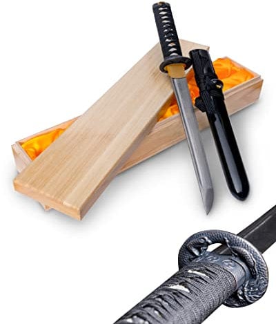 Kurz Katana Damast Schwert scharf echt Tanto zum Training Metall Stahl 1045 Samurai 100% handgefertigt Nur für Erwachsene - 18 Jahre erforderlich 6KM46-165BK