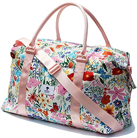 ESVAN Reisetasche, Sporttasche, Wochenendtasche, Übernachtung, Handgepäcktasche, Crossbody-Tasche mit Nassfach und Trolleyhülle, [K] Blume, Large, modisch